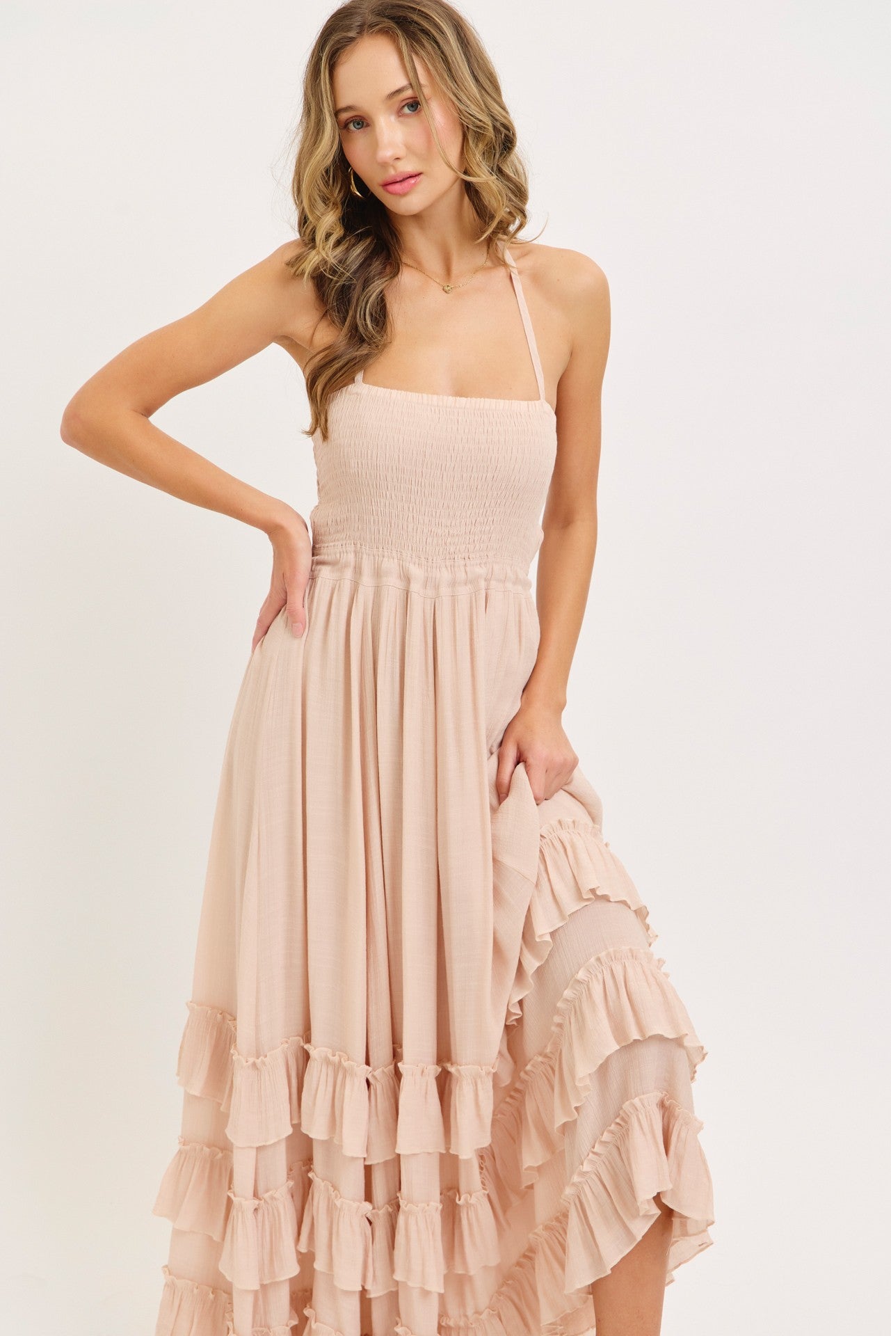Boho Baby Halter Smocked Bodice Ruffled Tiered Maxi Dress Blush Nude