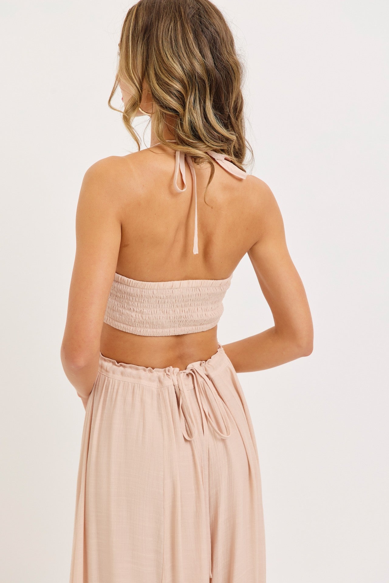 Boho Baby Halter Smocked Bodice Ruffled Tiered Maxi Dress Blush Nude