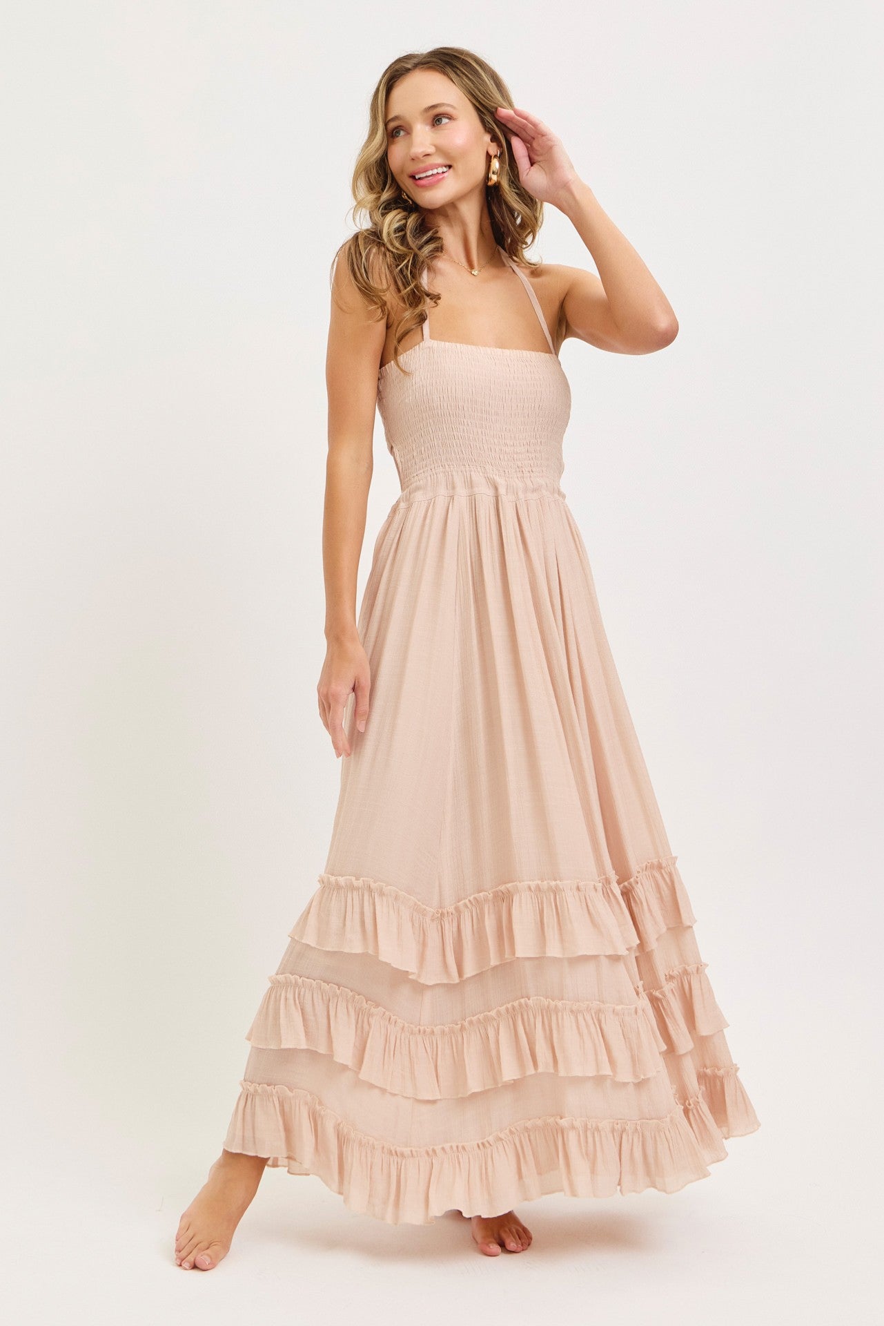 Boho Baby Halter Smocked Bodice Ruffled Tiered Maxi Dress Blush Nude