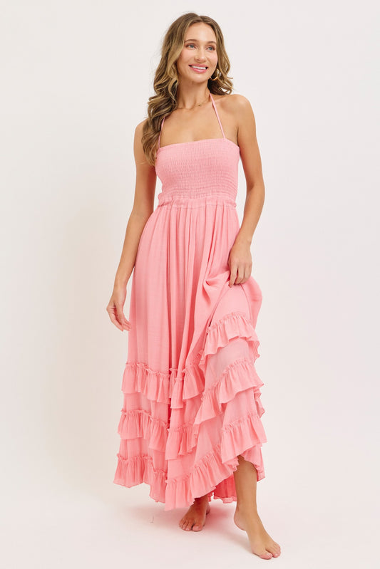 Boho Baby Halter Smocked Bodice Ruffled Tiered Maxi Dress Lipstick Pink