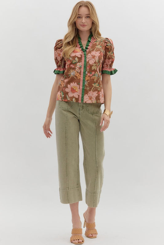Penelope Floral Puff Sleeve Top Brown