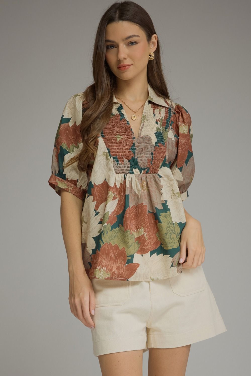 Foster Floral Print Puff Sleeve Smocked V Neck Top Teal
