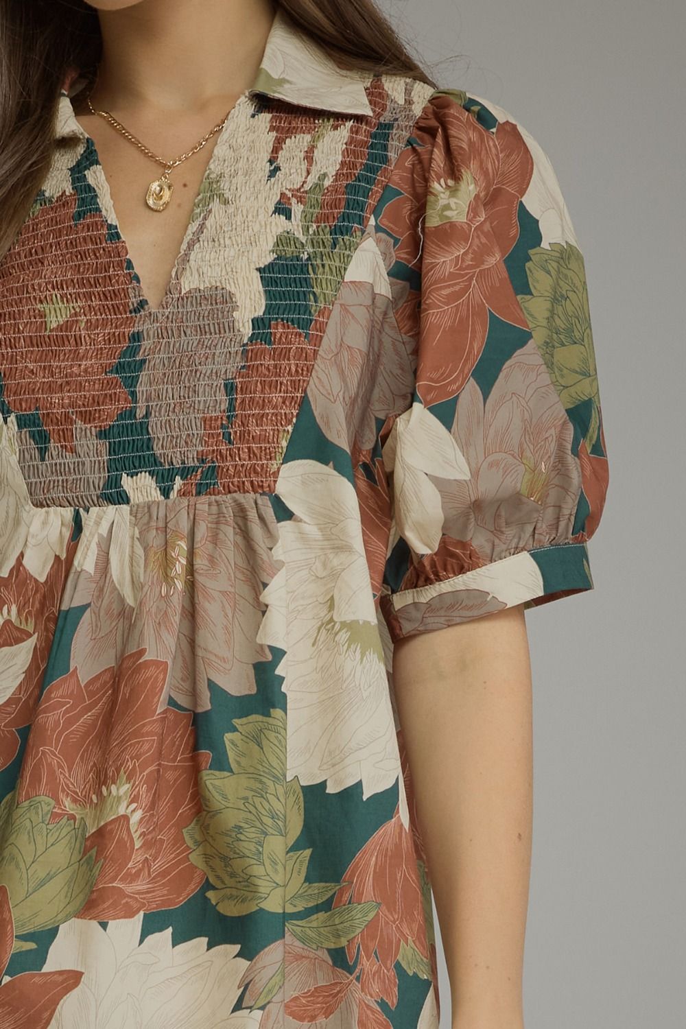 Foster Floral Print Puff Sleeve Smocked V Neck Top Teal
