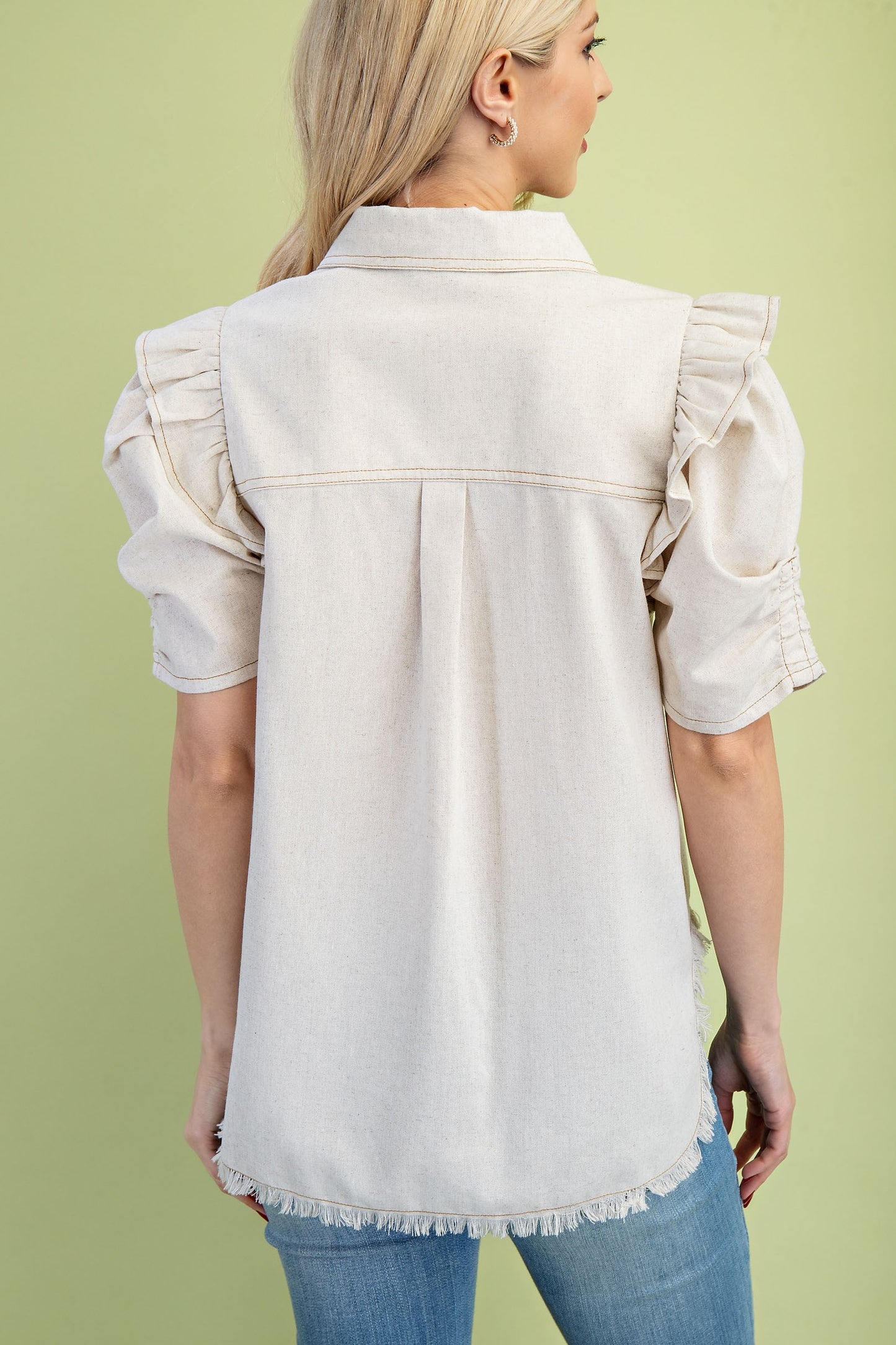 Raylee Ruffled Sleeve Linen Button Up Top Oatmeal