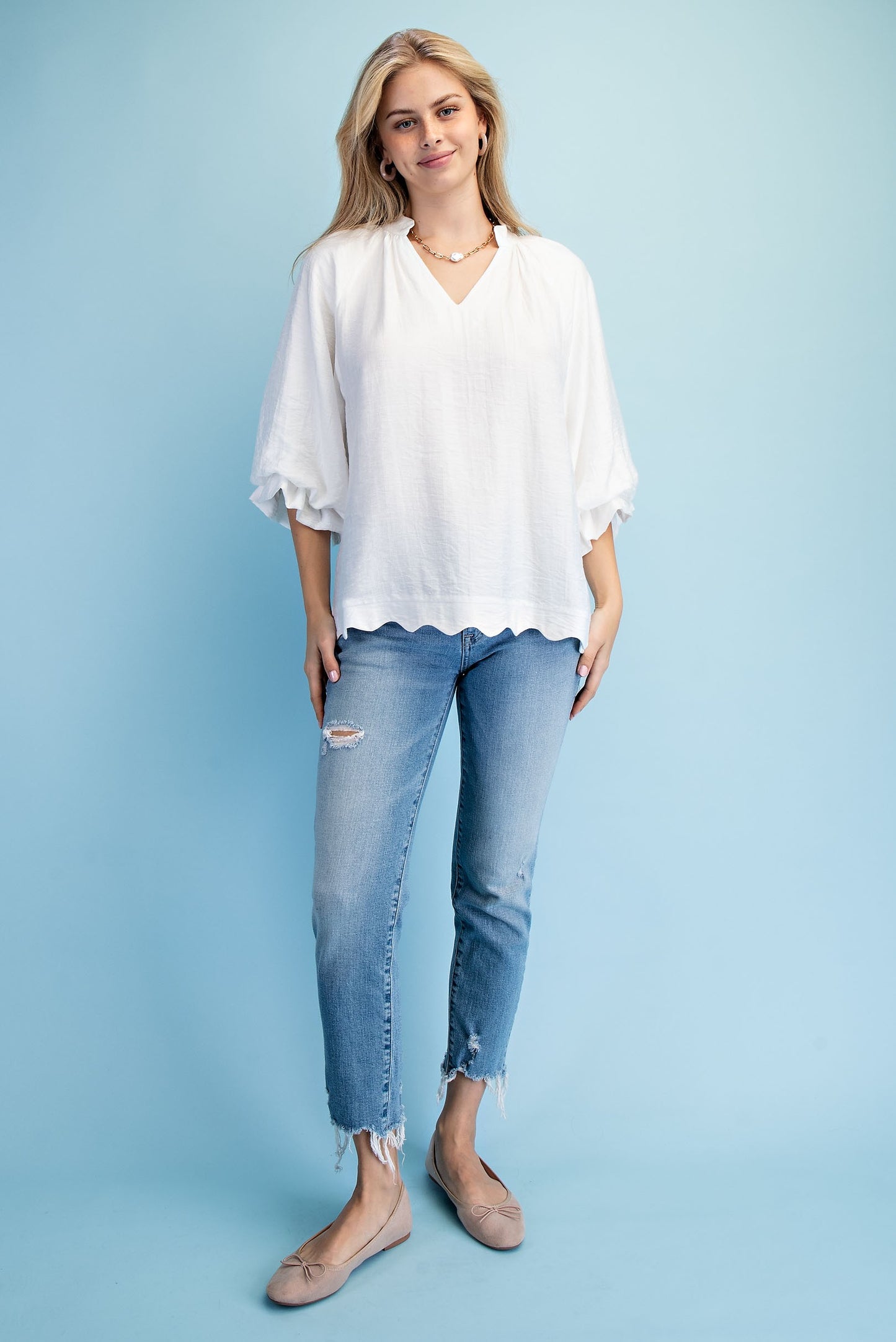 Sylvia Scalloped Edge V-neck Blouse Off White