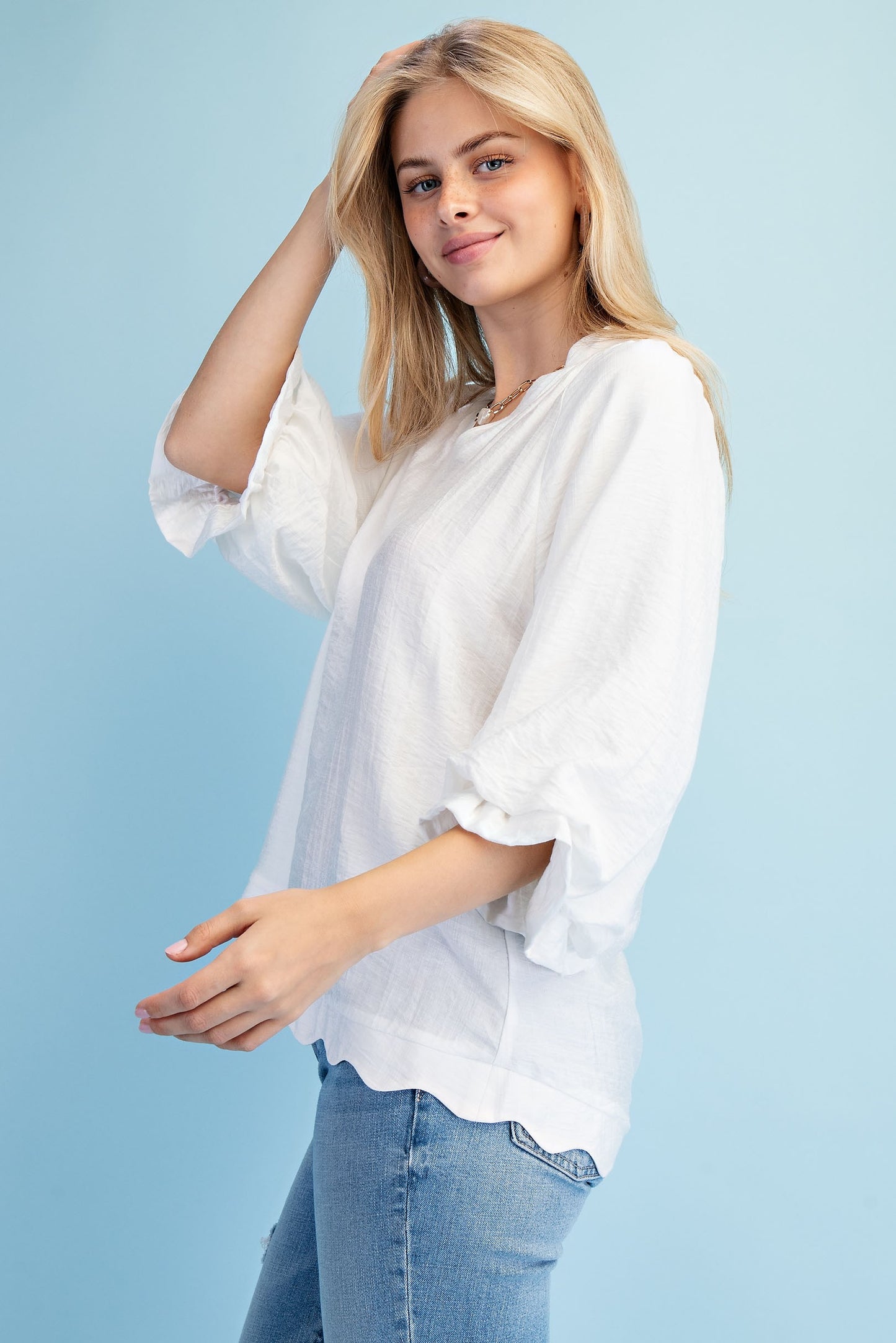 Sylvia Scalloped Edge V-neck Blouse Off White