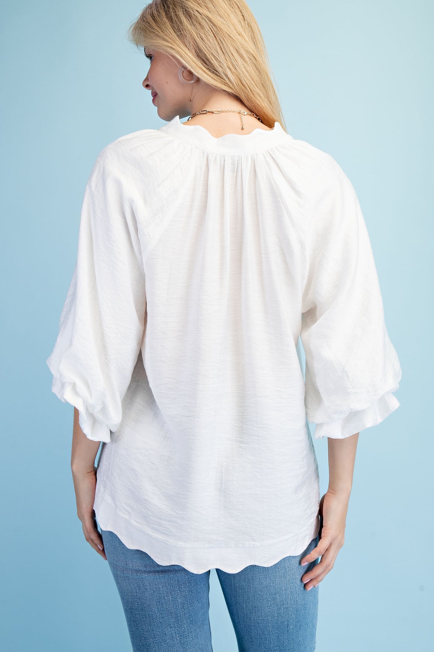 Sylvia Scalloped Edge V-neck Blouse Off White