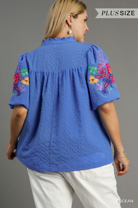 Emma Embroidery Sleeve Top Ocean