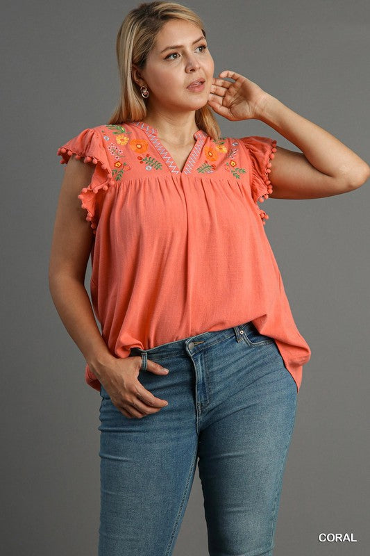 Paige Embroidery & Pom Pom Top Coral