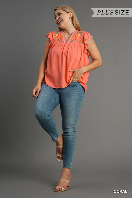 Paige Embroidery & Pom Pom Top Coral