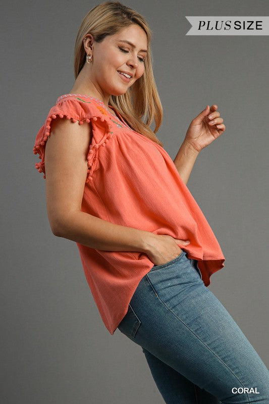 Paige Embroidery & Pom Pom Top Coral