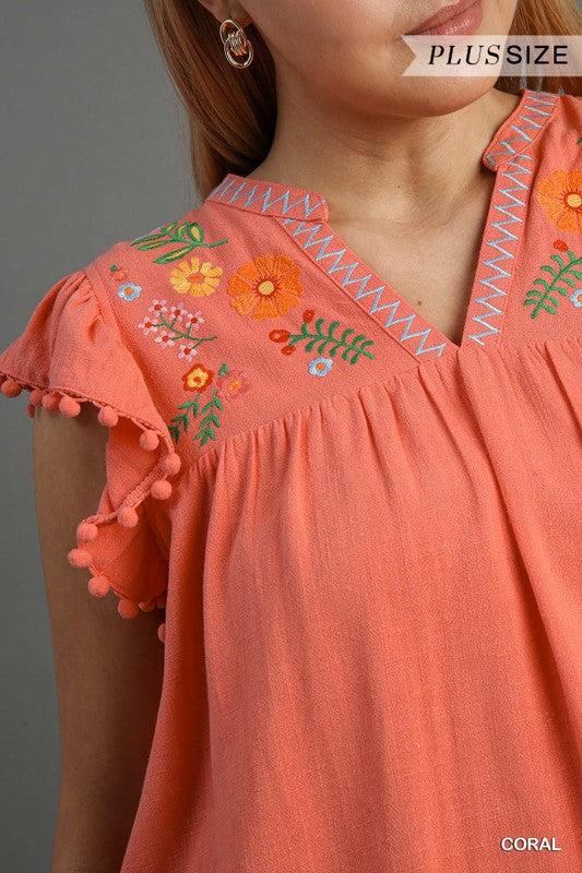 Paige Embroidery & Pom Pom Top Coral